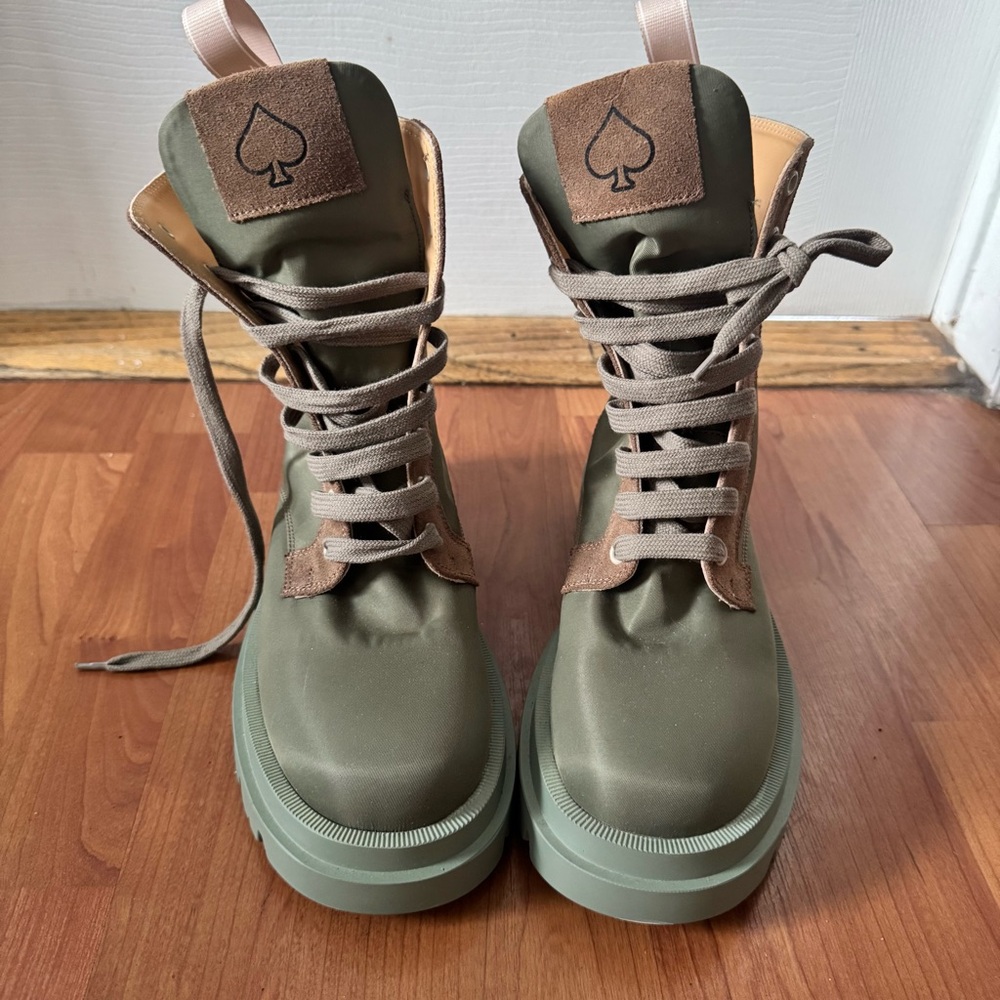 NEW LEMARÉ Olive Green Lace-Up Boots with Suede Heart Logo